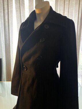 Guess Black Midi Length Wool Blend Coat Button Two Ways Size M Fitted Pockets